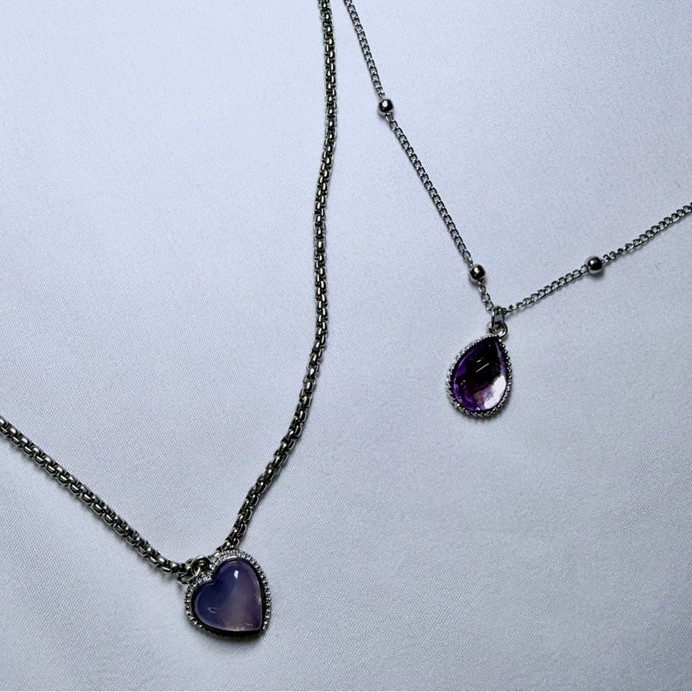 Brand New Silver Box Chain Purple Heart & Oval Pendant 20” Layered Necklace Set